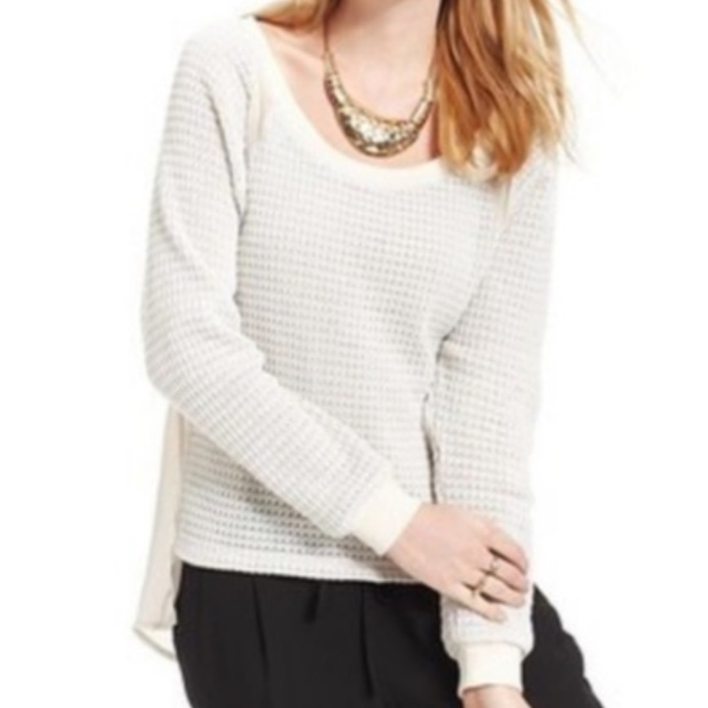 Sanctuary mixed media crew neck hi / low crochet look back sheer sweater top M